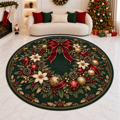 "Ultra Thin" 6' x 6' Festive Pinecone and Ornament Wreath Christmas Rounded Area Rug for Living Room, Bedroom and Home Office, Soft Low Pile Indoor Carpet with Non-Slip Silicone Backing