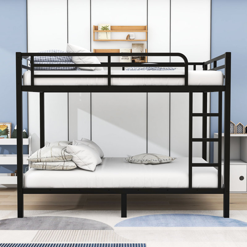 Full XL Over Full XL Metal Bunk Bed With Built-In Ladder And Guardrails