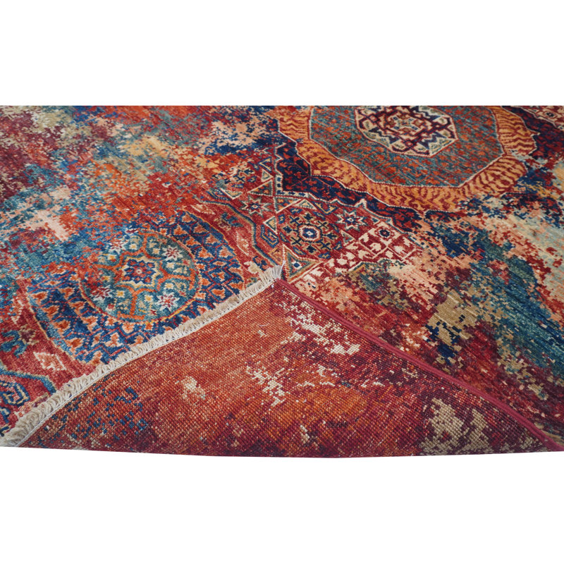 Hand Knotted Wool Area Rug in Red/Blue/Beige/Gray