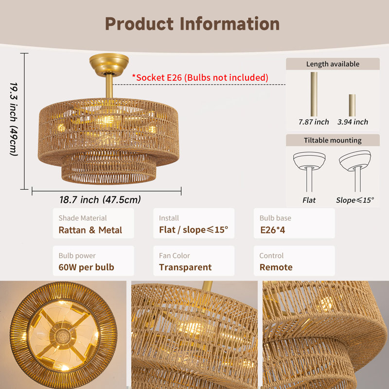 Boho Caged Fandelier with Lights Flush Mount Rattan Ceiling Fan with Lights and Remote Control, Enclosed 6 Speeds Low Profile Fan Light for Bedroom, Living Room, Kitchen
