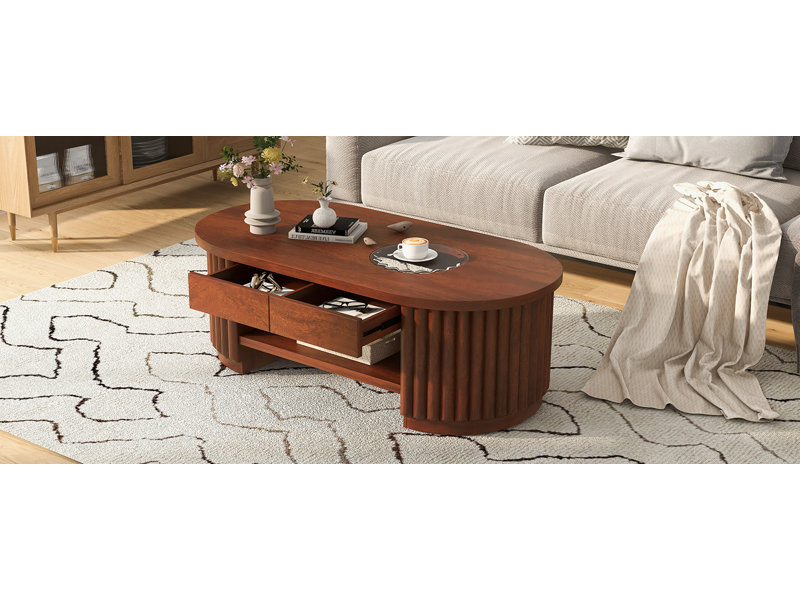 Table basse ovale cannelée FFZ 43,7 po, de style moderne du milieu du siècle, avec tiroirs, plateau en verre trempé et structure en bois massif à 2 niveaux.