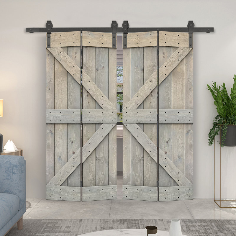 Portes de grange en bois massif 84 po avec quincaillerie d'installation Beatriz, Gris fumée, 72 po x 84 po
