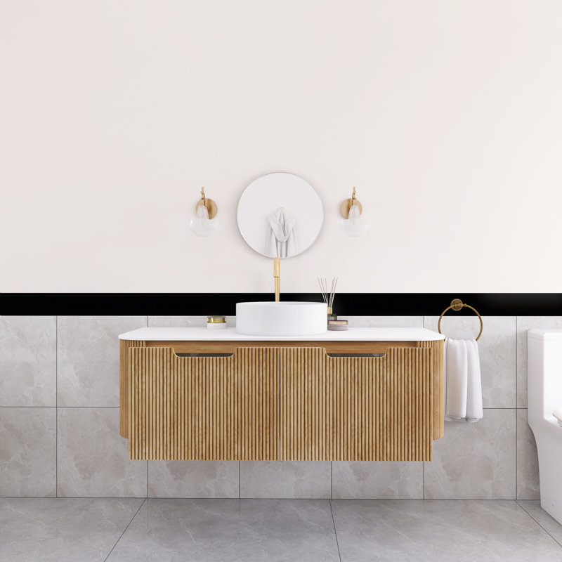 48 po Meuble-lavabo mural flottant à simple cuve en bois naturel avec plateau en marbre artificiel blanc, Bois naturel