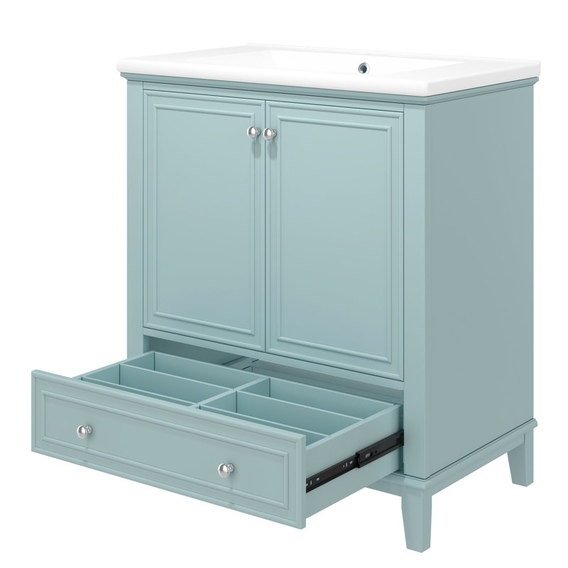 Meuble-lavabo moderne de 30 po avec lavabo encastré, panneau de rangement en bois massif et tablette réglable dans l'armoire, panneau de section amovible en peuplier, rangement argenté fonctionnel