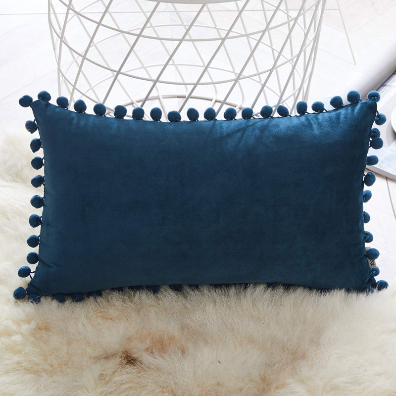 Pom Pom Velvet Pom Pom Velvet Lumbar Pillow Cover, Blue