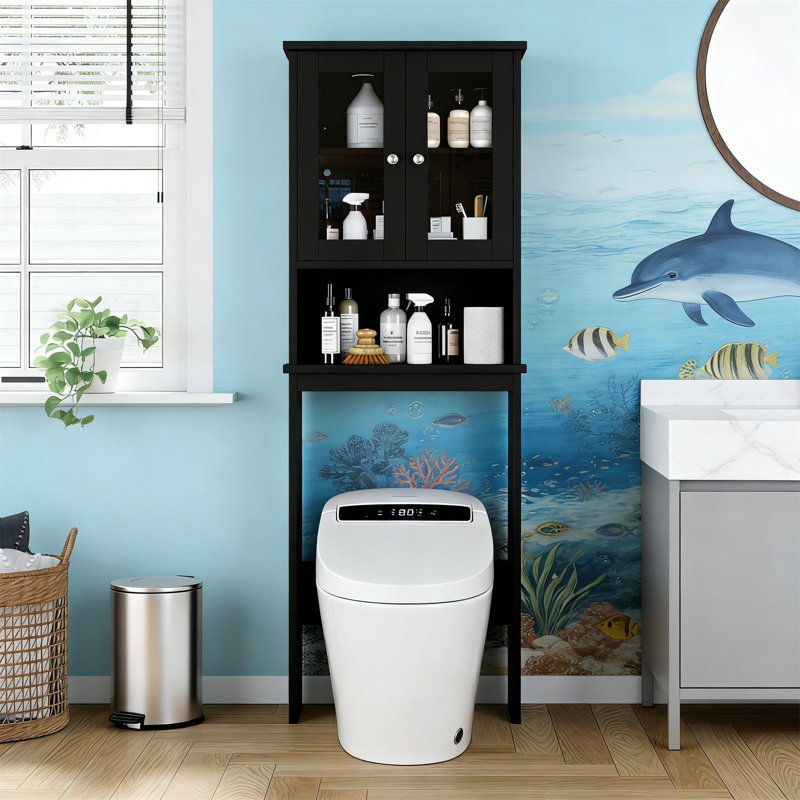 Over The Toilet Storage Cabinet With Glass Door & Adjustable Shelf, Anti-Tip, Freestanding, Black, Black