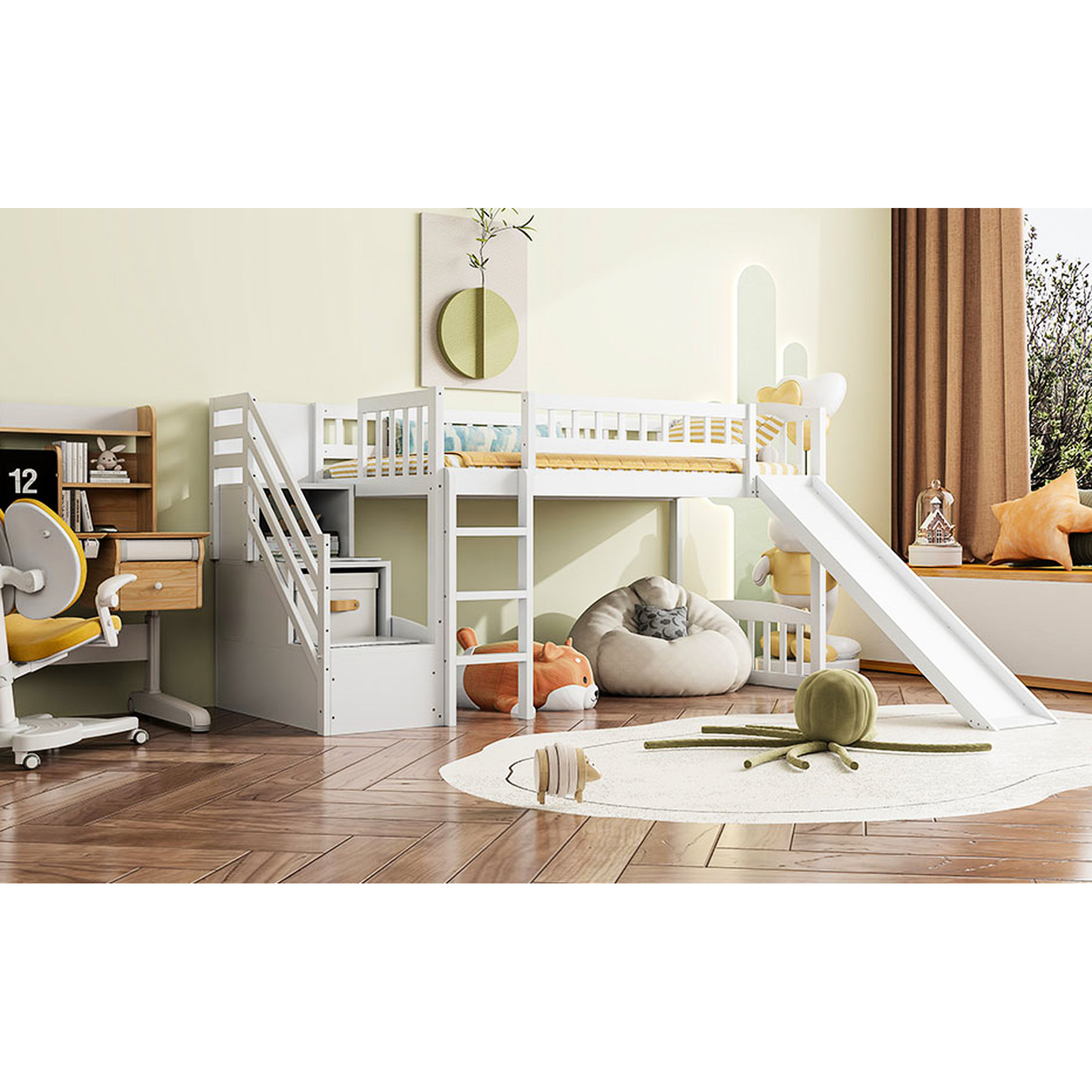 Harriet Bee White Twin Loft Bed With Slide, Drawers And Built - In ...