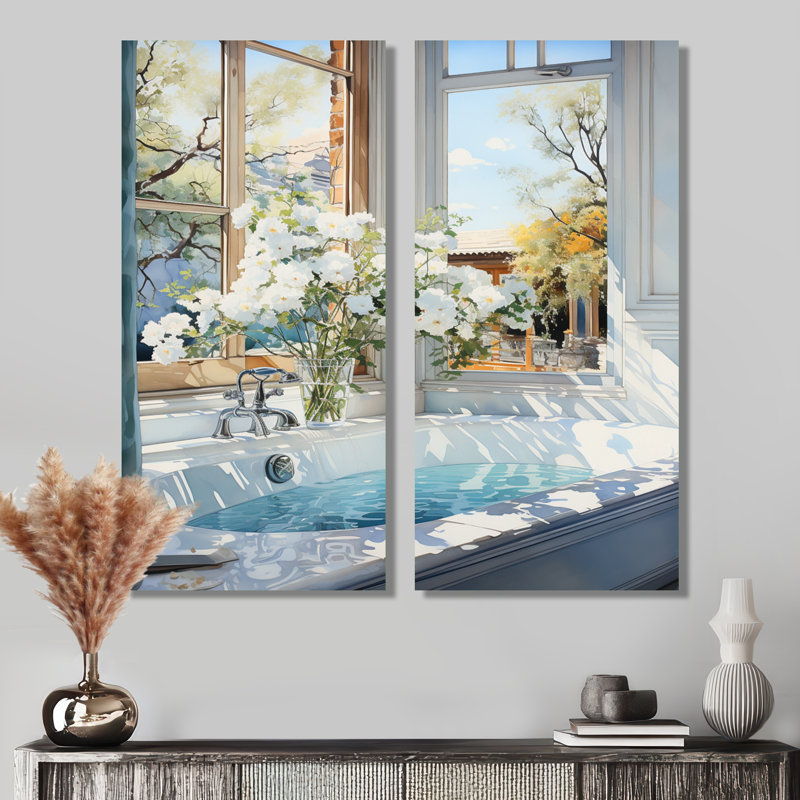 «Bathroom Tranquil Reflections», impression d'art sur toile, ensemble d'humour blanc de 2, H 20 po x l 24 po, Toile tendue