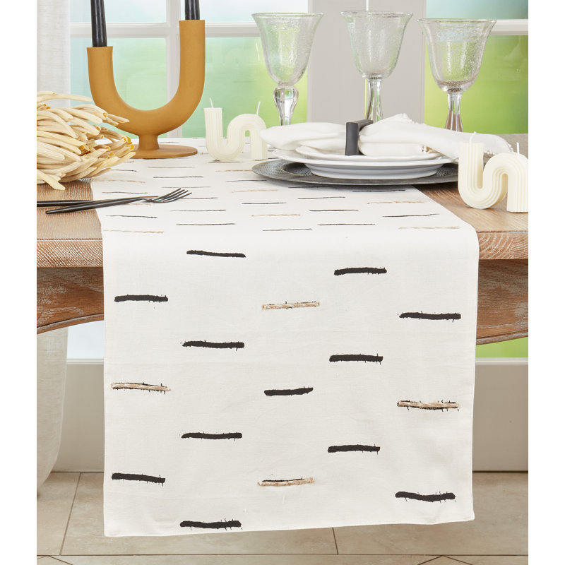 White Cotton Blend Table Runner with Embroidered Dashes Design