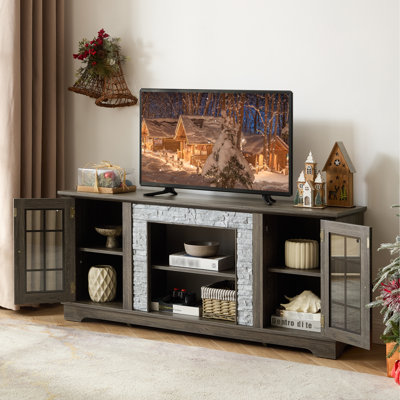 Meuble télé 58 po en gris, 2 portes, 6 ouvertures pour câbles, 3 tablettes réglables pour le salon, meuble télé 59,55 po avec pierres empilées, armoire et trous