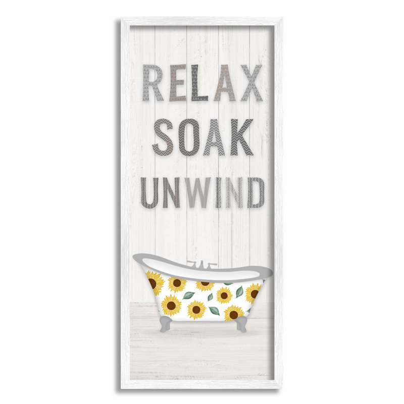 «Relax Soak Unwind Bathroom» par Natalie Carpentieri, H 30 po x l 13 po, Giclée encadrée blanc bord de mer