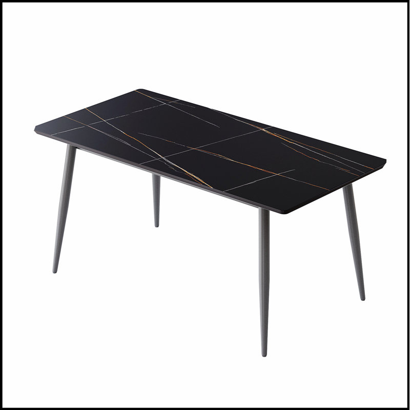 Table de salle à manger moderne en pierre artificielle noire à bords droits avec pieds en métal gris foncé, peut accueillir 6 personnes