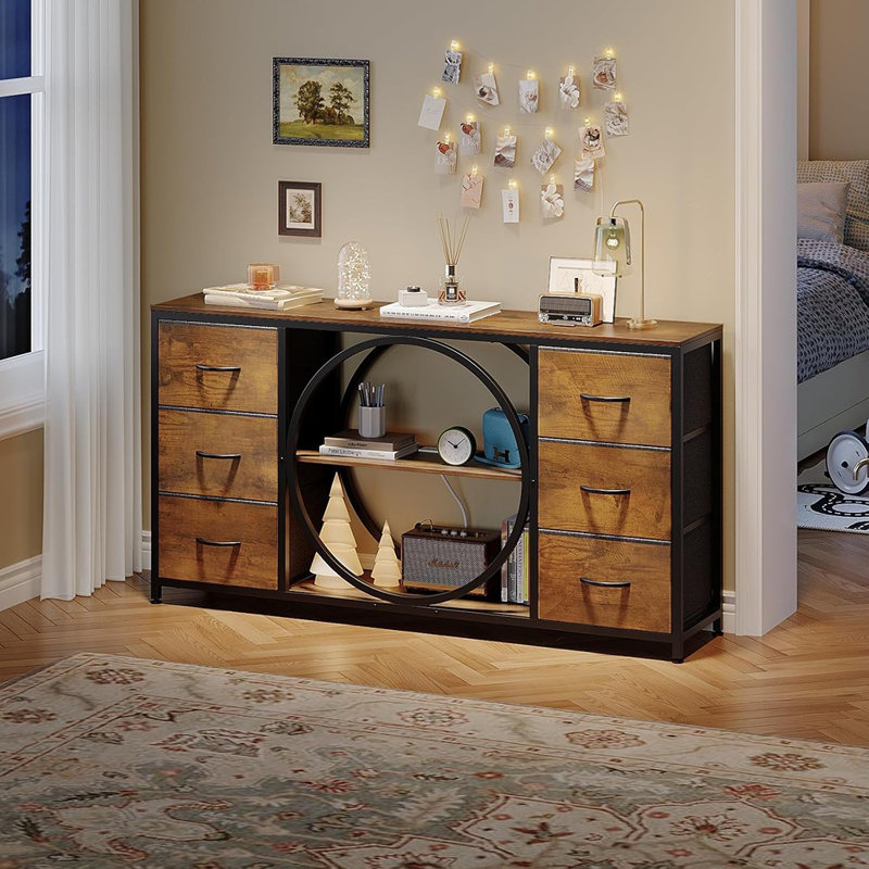 Console Table With 6 Drawers Storage Shelf Round Base Ind...