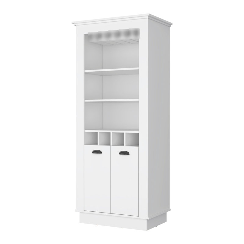 Armoire de bar blanche avec 4 casiers à vin intégrés et compartiment intérieur élégant avec beaucoup de rangement, Blanc