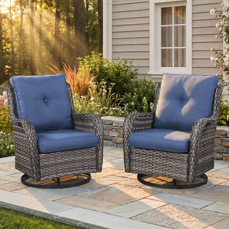 Chaise d'extérieur en osier / rotin avec coussins Lucama, Bleu, Grey