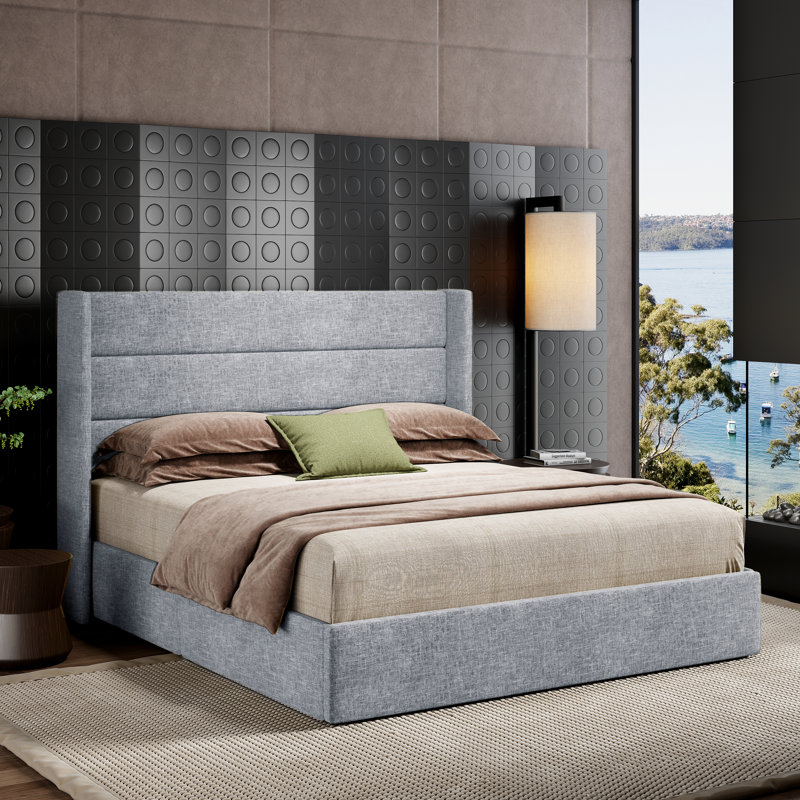 Lit plateforme tapissier avec rangement Bradenburg, Grand, Bleu gris