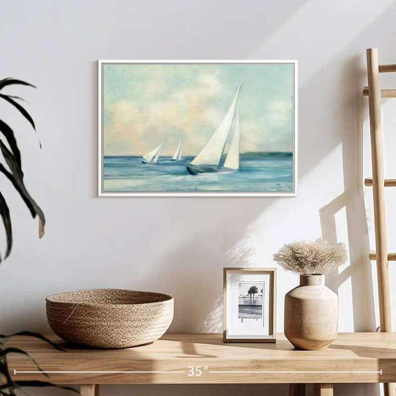 Voiliers au lever du soleil, Cadre flottant blanc, 19 po x 13 po