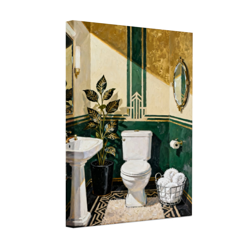 Scène de salle de bain Bath & Laundry Art Deco avec des accents verts et dorés, H 36 po x l 24 po