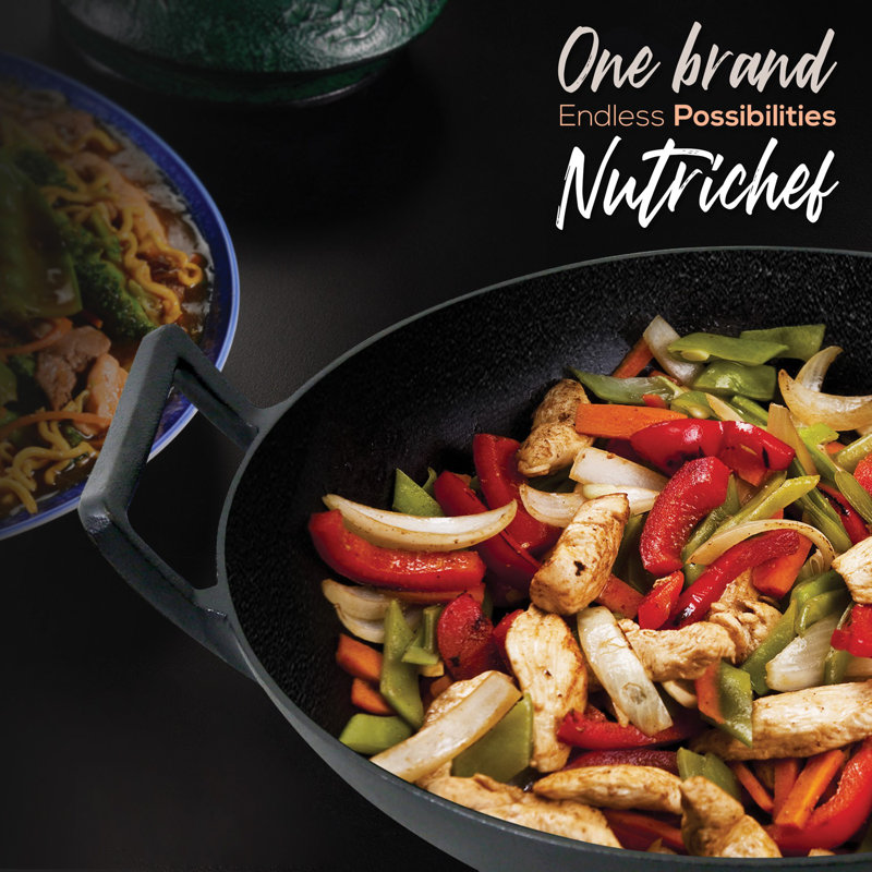 NutriChef 11.46'' Non-Stick Cast Iron Wok with Lid