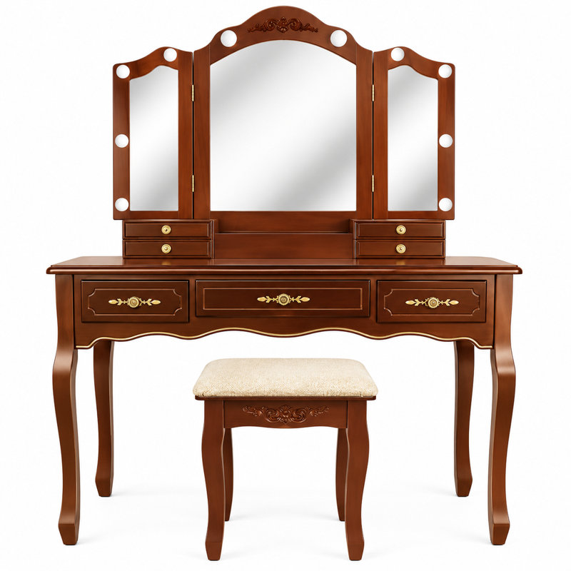 Mandi 38.6" Brown Makeup Vanity Set with 7 Drawers Lighted Tri-Fold Mirror and Stool, Walnut