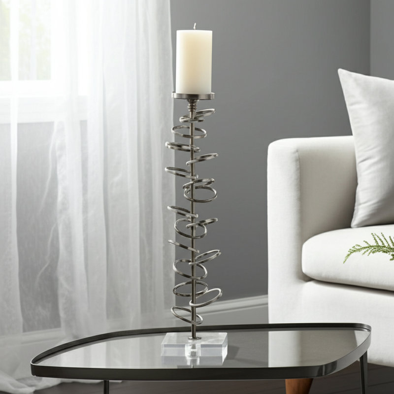 Modern Metal Aluminum Spiral Ring Pillar or Taper Candle Holder with Clear Square Base - Contemporary Sculptural Design Accent Decor for Stylish Tabletop or Shelf Display