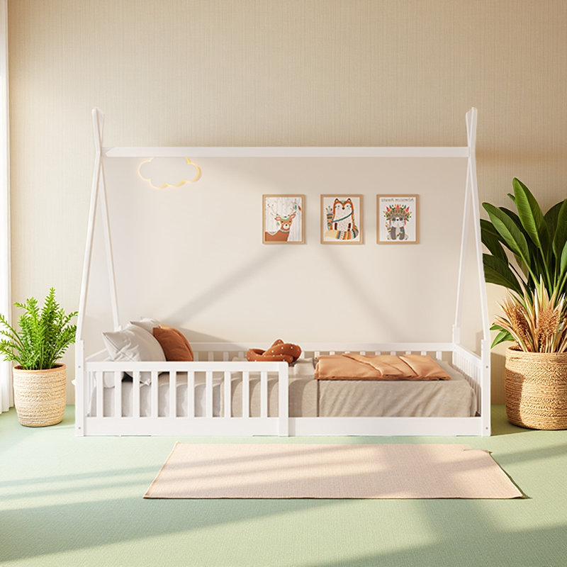 Twin Size Wood House Bed With Fence, White