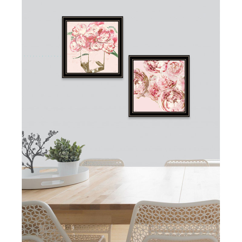 "Ensemble de deux pivoines", impression encadrée, Cadre d'angle fermé en bois massif noir