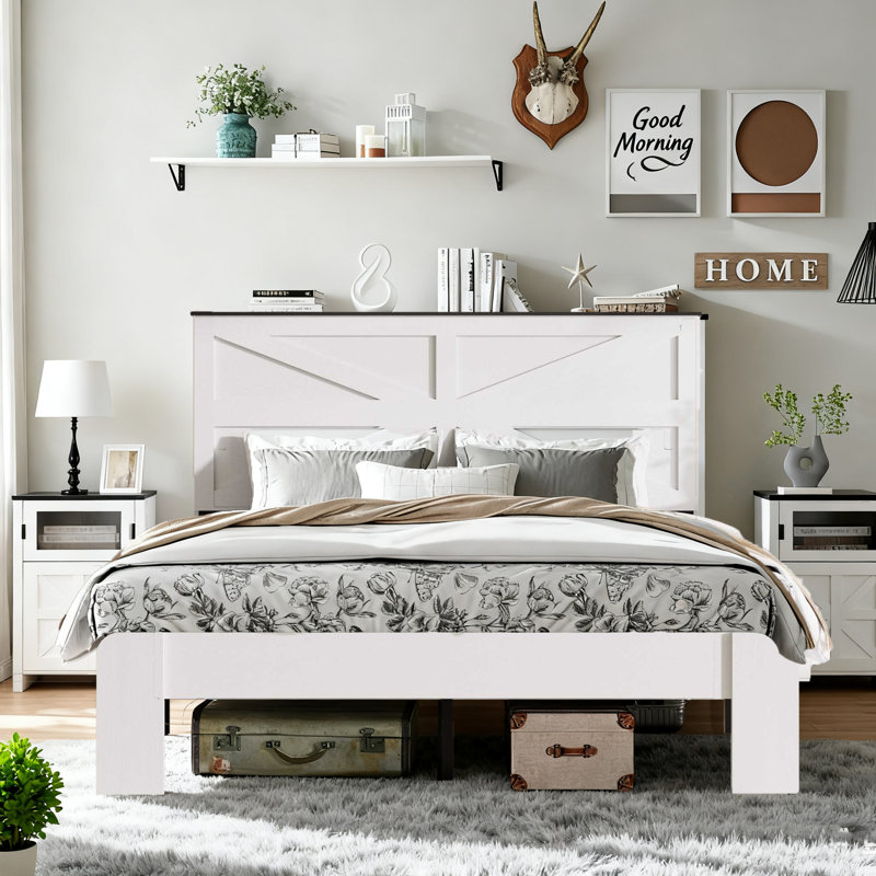 Farmhouse Queen Bed Frame With Tall Headboard, Queen