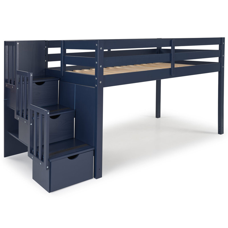 Johannes Solid Wood Twin Low Loft Bed with 3 Step-Stairway and Tent, Blue/Gray