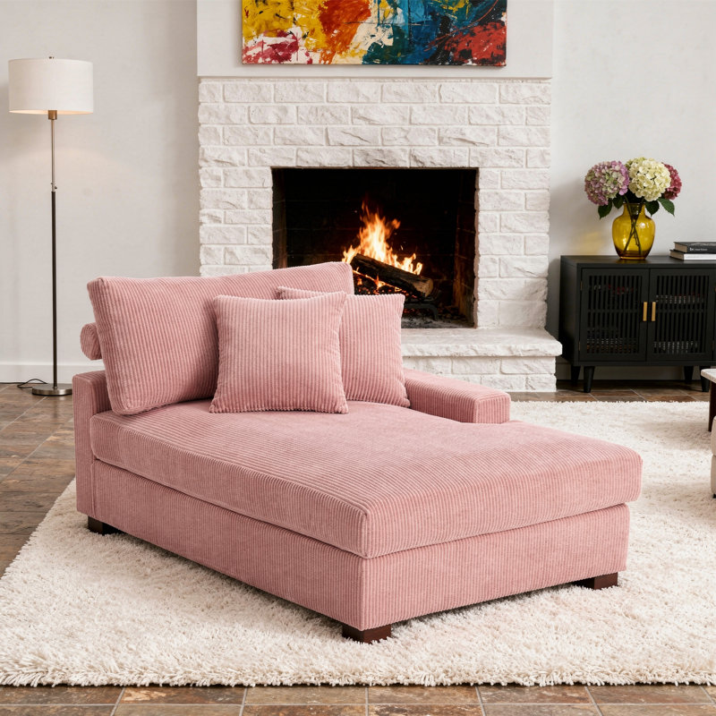 Milbrey Oversized Upholstered Chaise Lounge with Armrests & Throw Pillows, Corduroy, Pink, Right Hand Facing