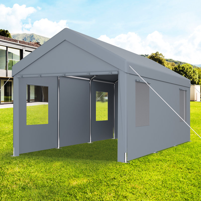 Abri de voiture en acier galvanisé 10 x 20, avec auvent, 2 portes, 4 fenêtres d'aération, gris pour la protection des véhicules