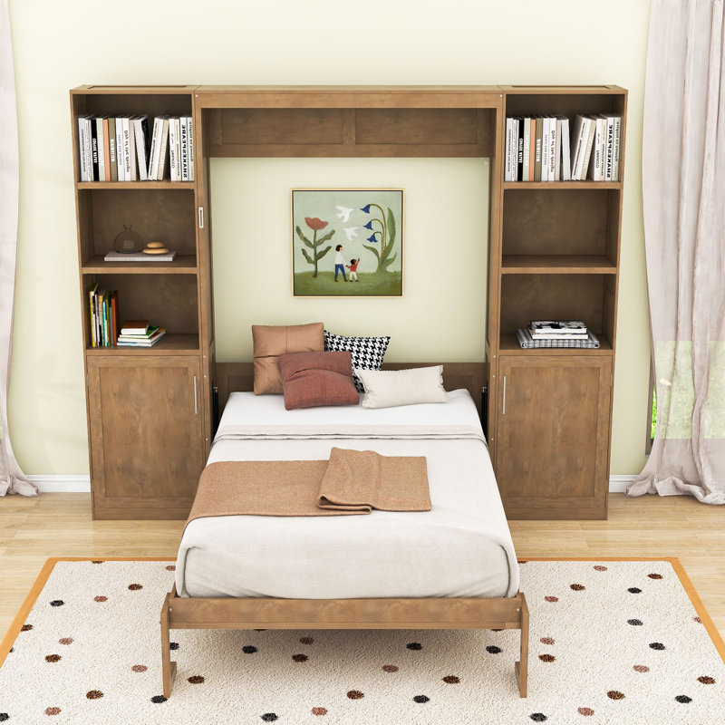 Grand lit escamotable en bois avec armoires de rangement, tablettes et lattes