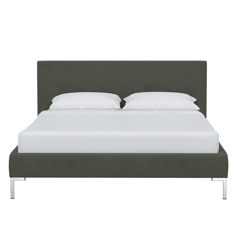 Rand Upholstered Platform Bed, Classic Ocean Velvet, Queen, Black Wood