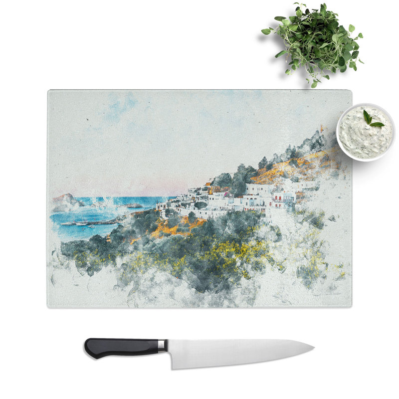 Tempered Glass the Island of Rhodes in Greece Chopping Board, 20 cm x 28.5 cm