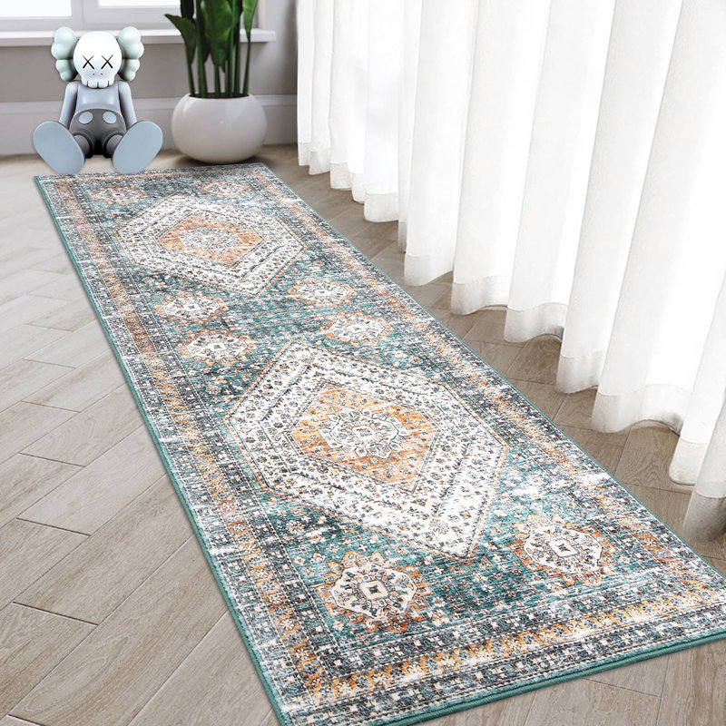 Abstract Area Rug, Green, Runner 60 x 230 cm