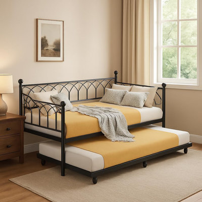 Twin Size Metal Daybed with Trundle, LED Lights & Charging Station, Modern Sofa Bed Frame with Steel Slats for Bedroom, Living Room or Guest Room by Ivy Bronx