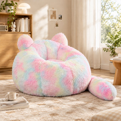 Pouf poire en fausse fourrure en forme de chat de 106 cm avec coussin en forme de queue, canapé simple moelleux et sans os