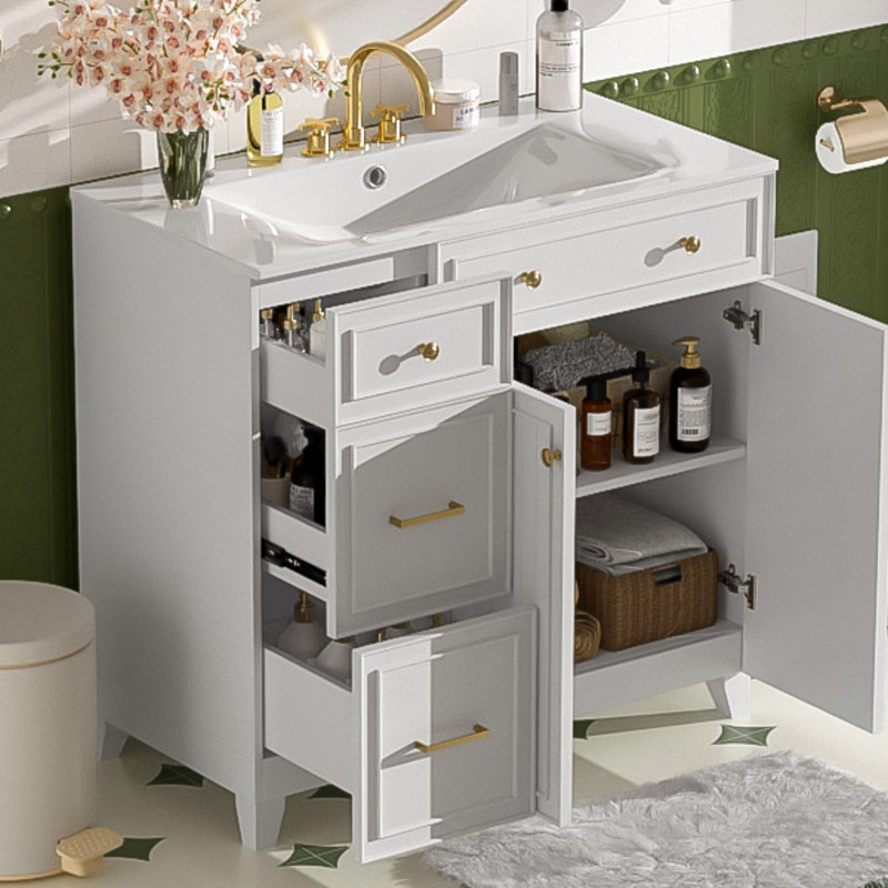 Meuble-lavabo de 36 po avec lavabo en céramique, tiroirs standard et double couche, portes à fermeture en douceur, tablettes réglables, armoire de rangement moderne pour petites et moyennes salles de bain