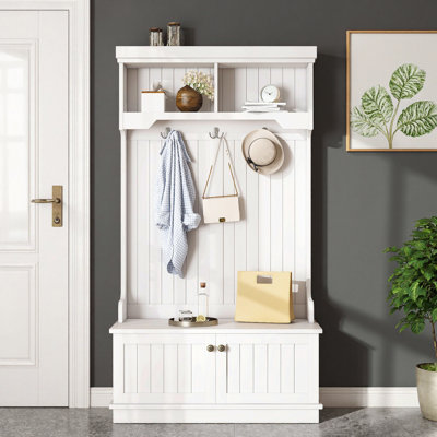 White 4-in-1 Hall Tree with Shoe Bench, Coat Racks & Storage for Entryway