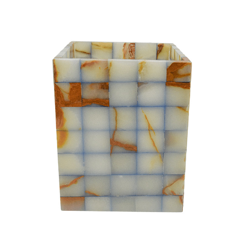Plaid Blue Marble Wastebasket – Natural Stone Trash Can, Bathroom Waste Basket, Office Marble Trash Bin