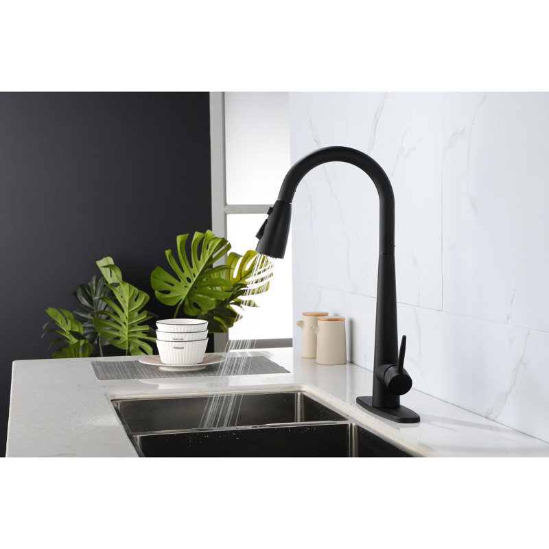 Matte Black Kitchen Faucet With Pull Out , Stainless Steel, Single Handle, Modern Design, Easy Installation Process Fingerprint Faucet, Down Hole Deck Mount, Simple To Install And Operate