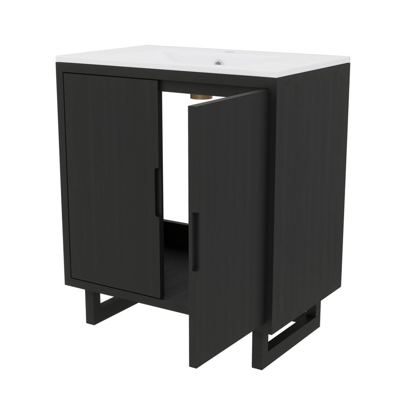 Ensemble de meuble-lavabo moderne de 30 pouces avec lavabo et armoire de rangement, Noir, 30.1", Trou simple
