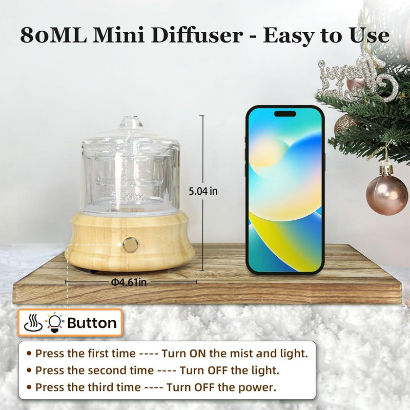 80ML Glass Essential Oil Diffuser With Glass Reservoir, Wood Base, Small Ultrasonic Aroma Diffusers With Auto,Off 7 Colour For Home Office Bedroom Yoga