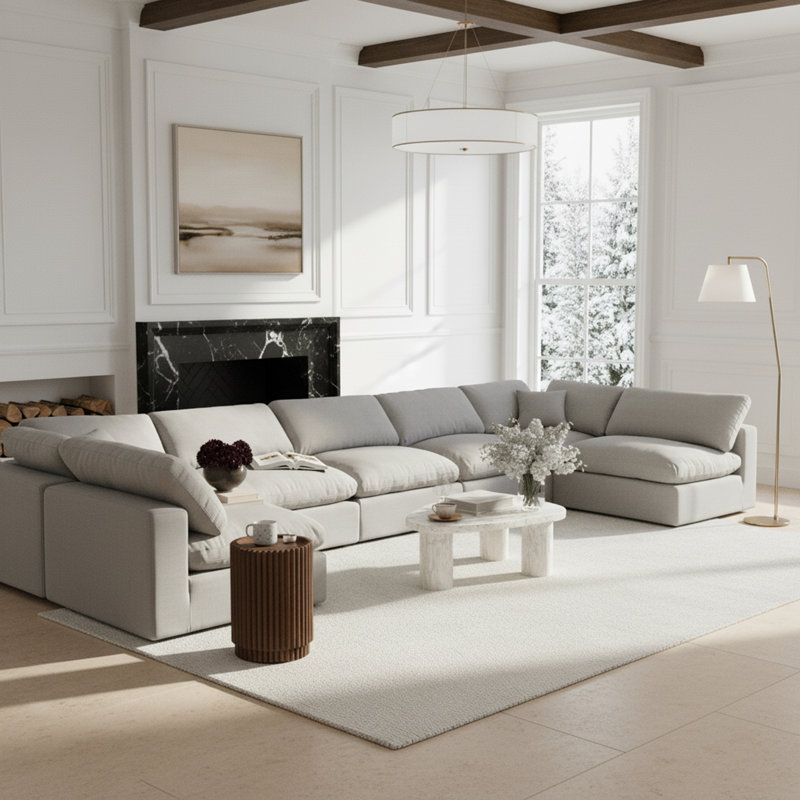Hulen Upholstered U-Shaped Sectional Reversible, Grey Linen Textured Fabric