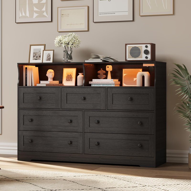 Commode 7 tiroirs en bois - Commode moderne avec station de charge USB et lumières DEL, Noir