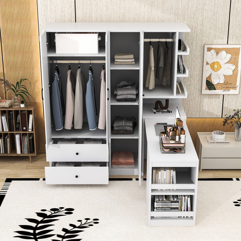 Armoire multifonctionnelle avec bureau convertible pliable, tringle et tiroirs, garde-robe en bois avec tablettes, Blanc