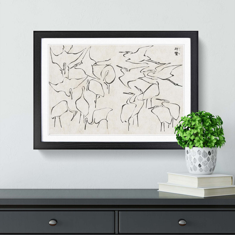 Cranes by Katsushika Hokusai - Picture Frame Painting Print, Black Framed, 36cm H x 48cm W x 2cm D