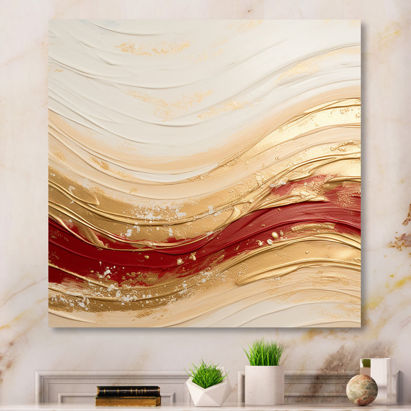 «Gold and Red Soft Wave Fusion», impression sur toile abstraite, H 16 po x l 16 po x P 1 po, Toile tendue