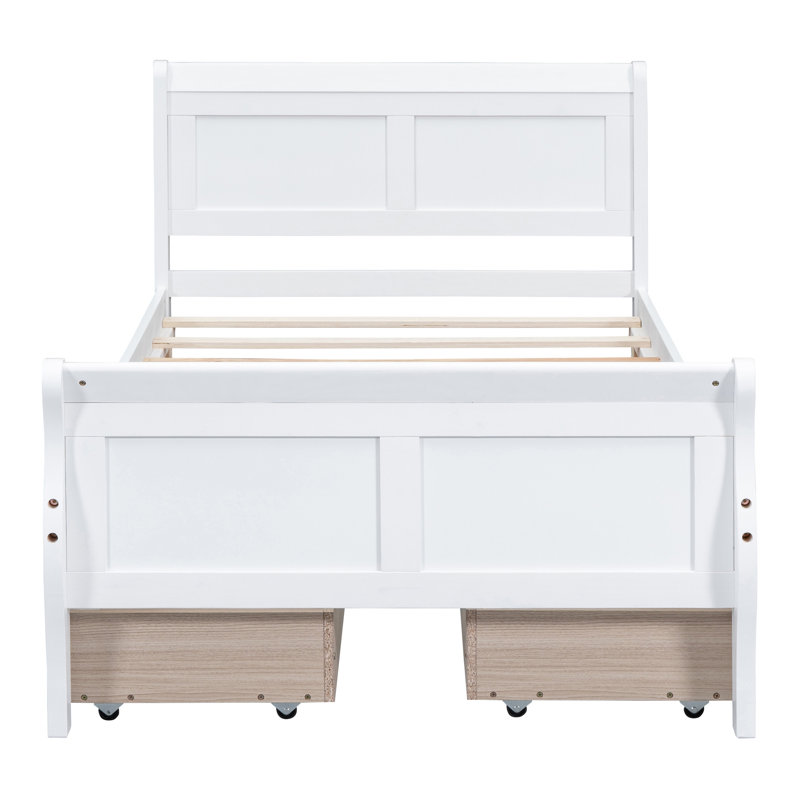 Lit plateforme avec 4 tiroirs et tête et pied de lit profilés, Lit simple, Blanc