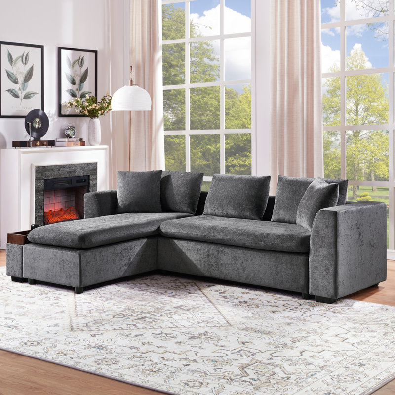 Canapé modulaire avec canapé en L 93,7 po et compartiment de rangement en bois pour salon, Gris chenille